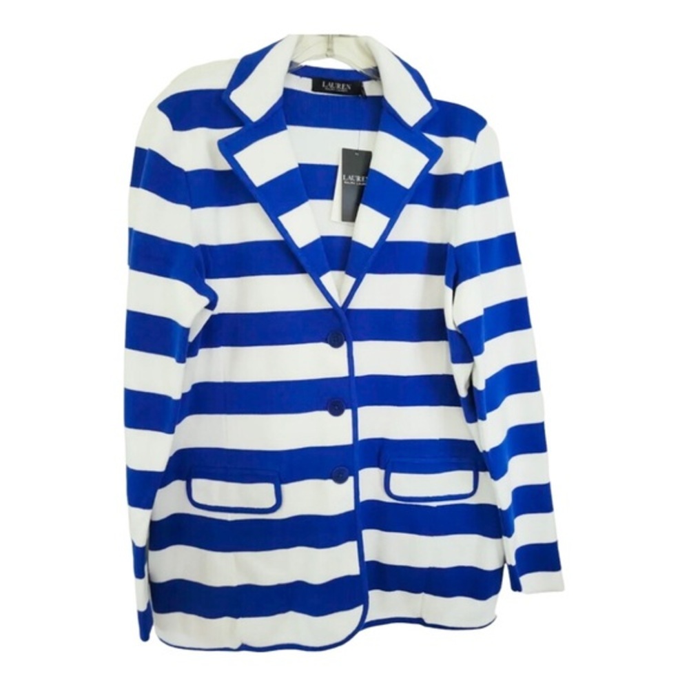Ralph Lauren SAPH STAR Sapphire Blue white Stripe knit blazer jacket size XS new